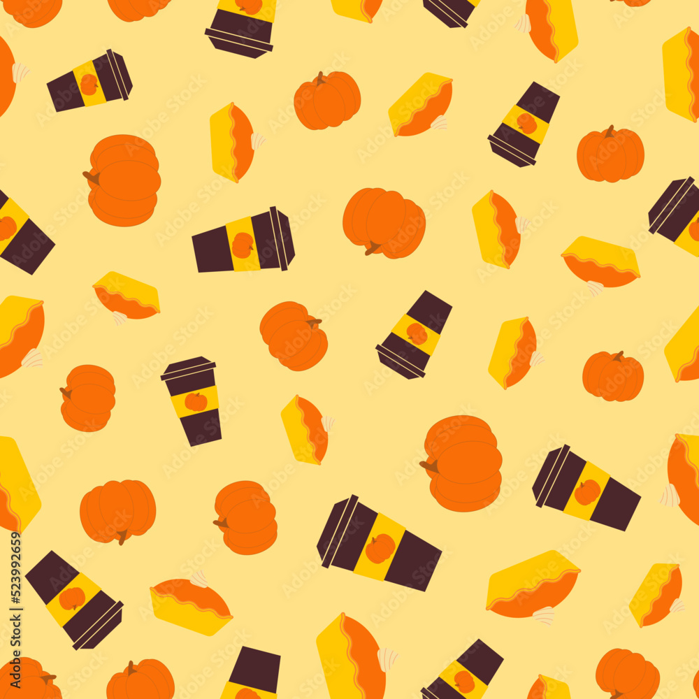 Seamless pattern with pumpkin pie, cup of coffee, pumpkin. Halloween background. Autumn harvesting. Retro design for print on fabric, wrapping paper, wallpaper, packaging. Vector illustration Seamless pattern with pumpkin pie, cup of coffee, pumpkin. Halloween background. Autumn harvesting. Retro design for print on fabric, wrapping paper, wallpaper, packaging. Vector illustration