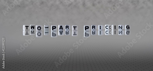 two part pricing word or concept represented by black and white letter cubes on a grey horizon background stretching to infinity