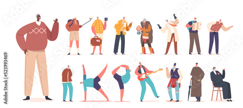 Set of Senior Men Activities and Fun. Old Male Characters Travel, Doing Sport Exercises, Playing in Rock Band, Shaman