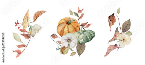 Watercolor vector set of autumn bouquets with pumpkins, leaves and branches..