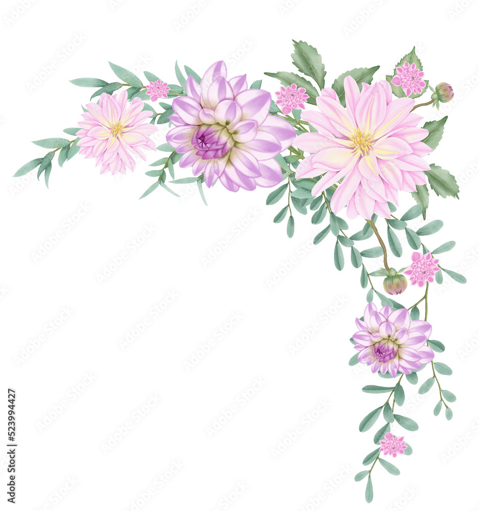 Pink flowers watercolor dahlia illustration. pink dahlia wreath. Pink flowers watercolor dahlia illustration. pink dahlia wreath.
