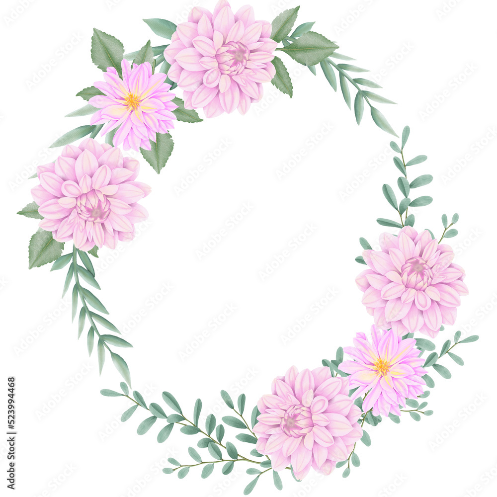 Pink flowers watercolor dahlia illustration. pink dahlia wreath.