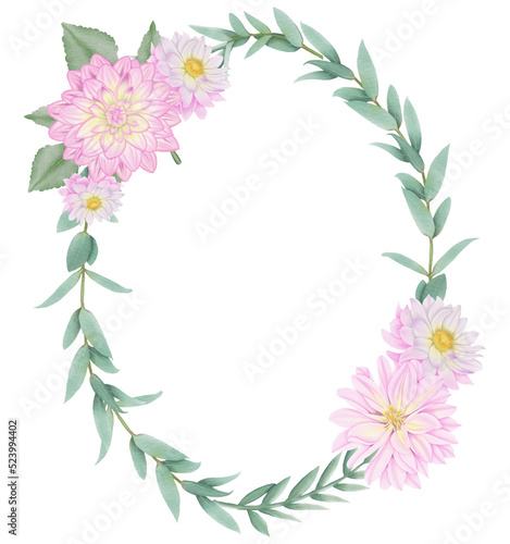 Pink flowers watercolor dahlia illustration. pink dahlia wreath.