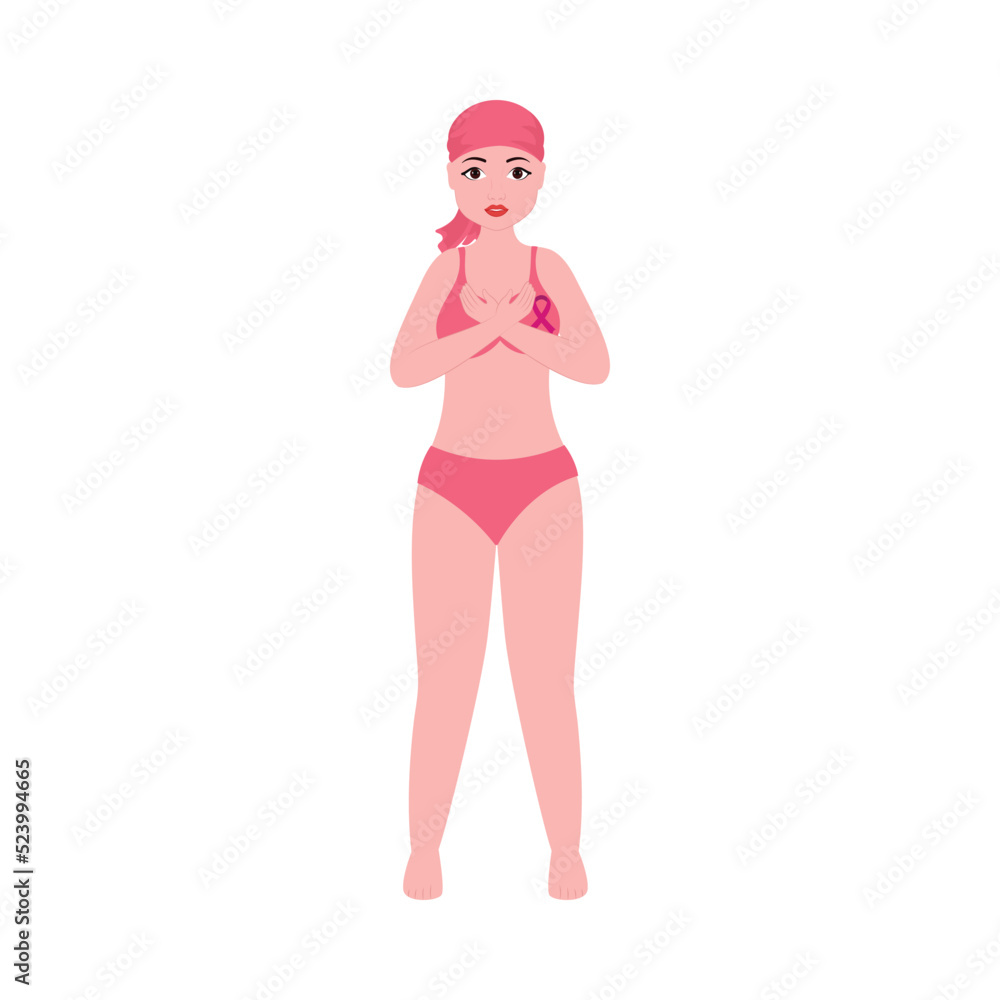 Bald Young Girl Wearing Bikini With Pink Cross Ribbon On White Background. Bald Young Girl Wearing Bikini With Pink Cross Ribbon On White Background.