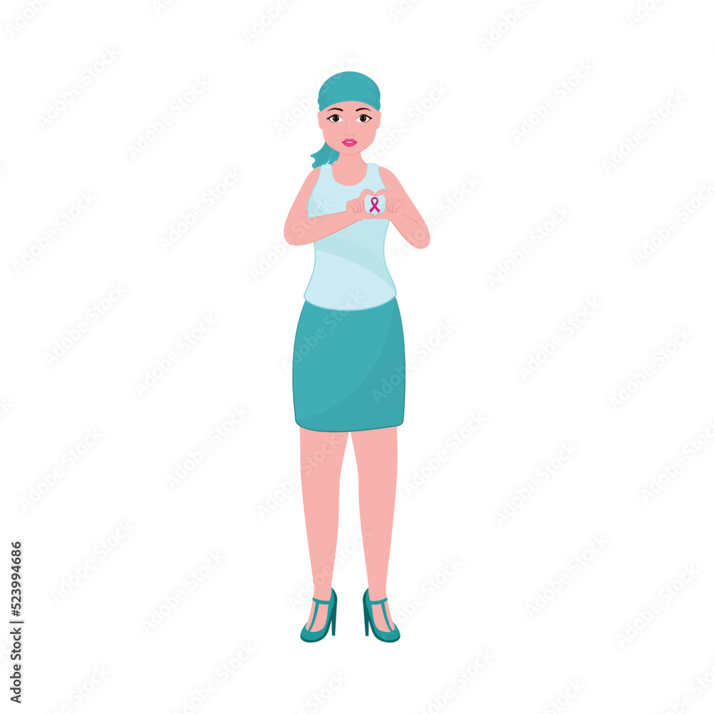 Bald Young Girl Standing With Breast Cancer Ribbon On White Background. Bald Young Girl Standing With Breast Cancer Ribbon On White Background.