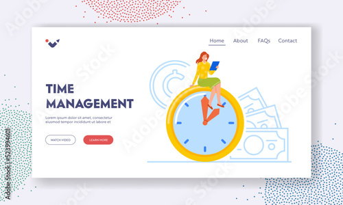 Time Management Landing Page Template. Confident Businesswoman Sitting on Huge Clock with Tablet Pc in Hands