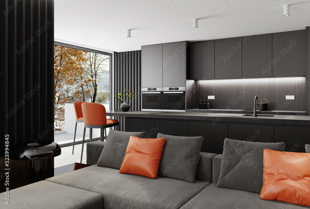 Luxury apartment with living room interior and modern minimalist kitchen with big kitchen island and stools. Italian style interior design. 3d rendering. Winter scene background. Luxury apartment with living room interior and modern minimalist kitchen with big kitchen island and stools. Italian style interior design. 3d rendering. Winter scene background.