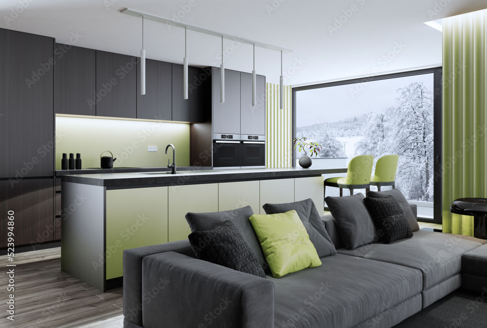 Luxury apartment with living room interior and modern minimalist kitchen with big kitchen island and stools. Italian style interior design. 3d rendering. Winter scene background. Luxury apartment with living room interior and modern minimalist kitchen with big kitchen island and stools. Italian style interior design. 3d rendering. Winter scene background.