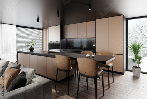 Modern and minimalist apartment interior living room. Kitchen with long island. Natural oak texture material with black matte finish. Modern furniture. 3d rendering