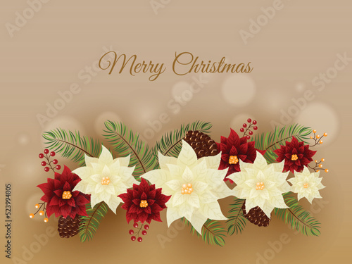Merry Christmas Concept With Poinsettia Flowers, Fir Leaves, Pine Cones And Berries On Golden Bokeh Blur Background.