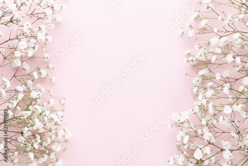 Beautiful flower background of pink gypsophila flowers. Flat lay, top view. Floral pattern.
