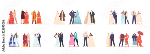 Set Of Traditional Couples Celebrate Wedding Ceremony. Happy Indian, Arab, Jewish, African, Asian Grooms And Brides