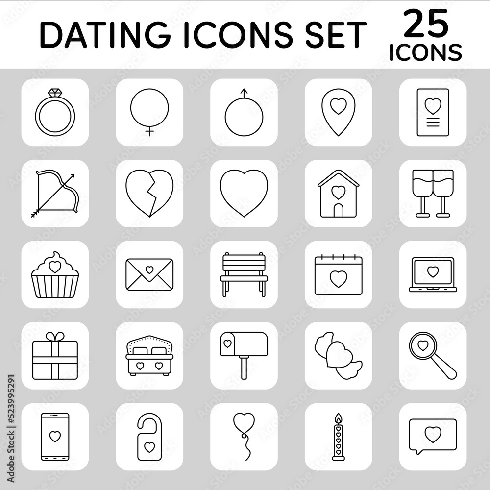Black Line Art Set Of Dating Icons In Flat Style. Black Line Art Set Of Dating Icons In Flat Style.