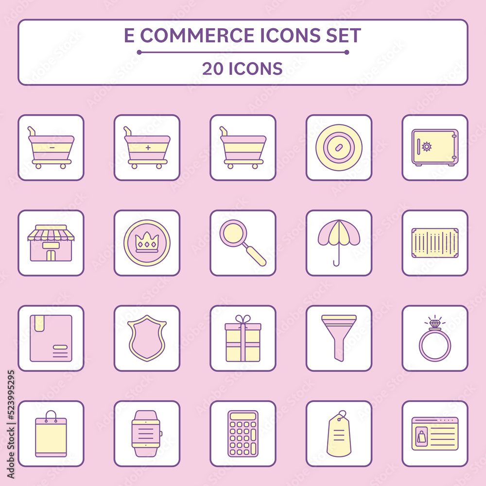 Purple And Yellow Color Set Of E-Commerce Icons In Square Background. Purple And Yellow Color Set Of E-Commerce Icons In Square Background.