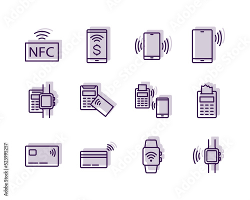 NFC payment flat line icons set. Vector sign of smartphone and card NFC paying with POS terminal. Simple flat vector illustration for store, web site or mobile app