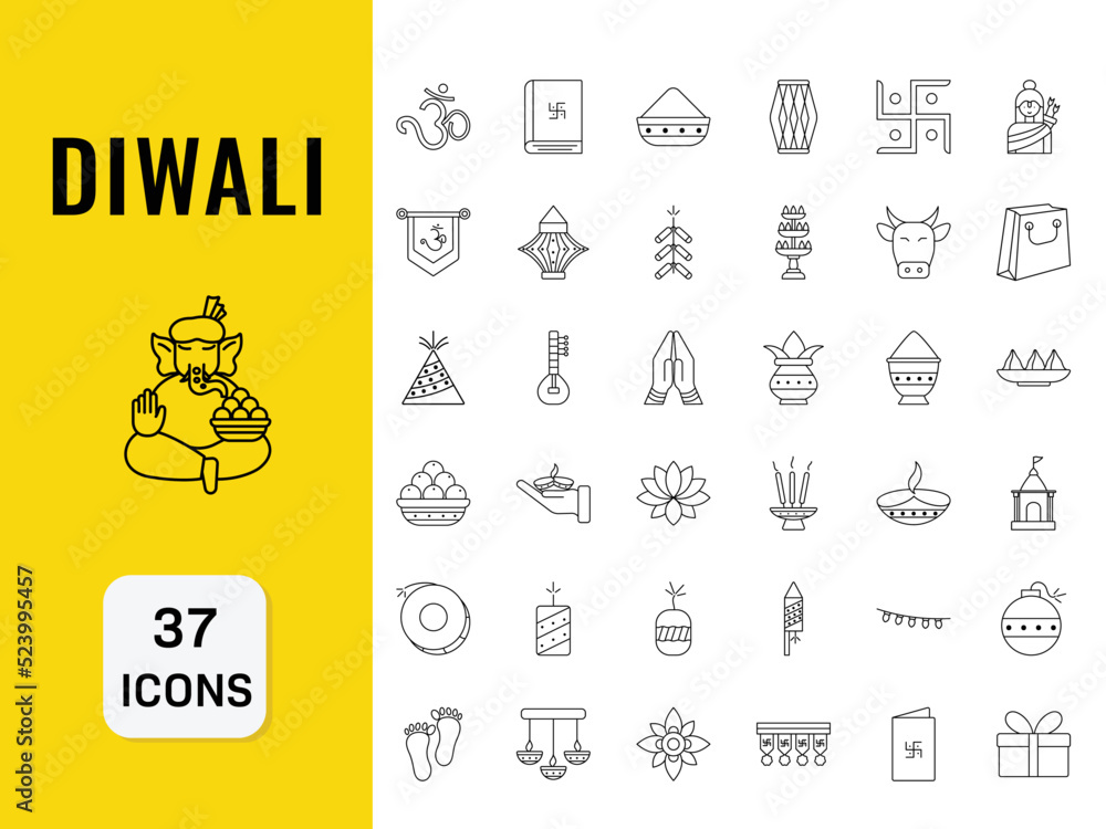 Illustration Of Lineal Diwali Icons -37 Set On Yellow And White Background.