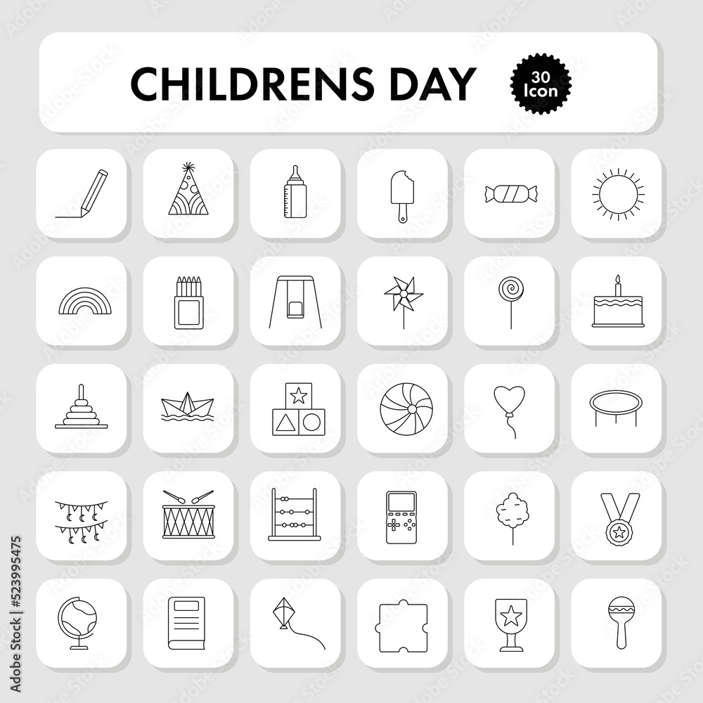 Black Thin Linear Of 30 Children Day Square Icon Set.