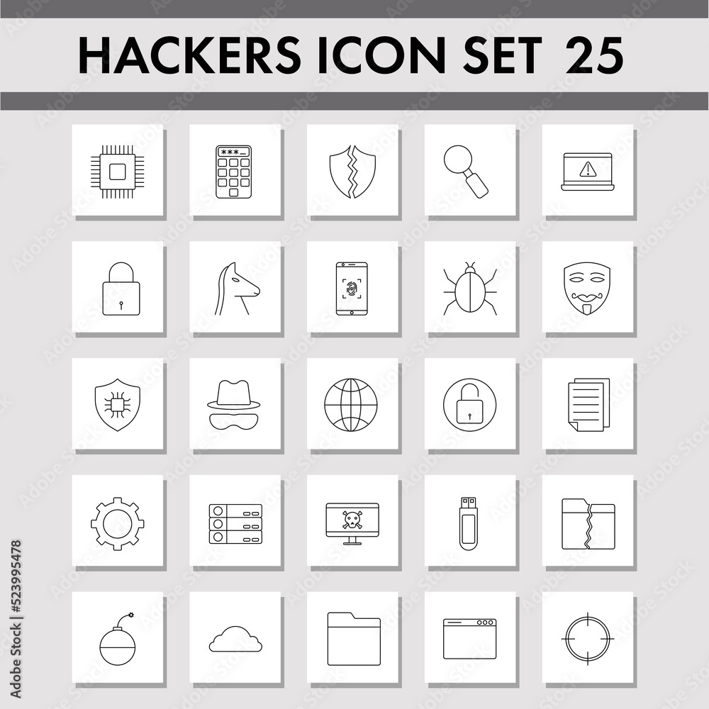 Set Of Hacker Square Icons In Black Outline. Set Of Hacker Square Icons In Black Outline.