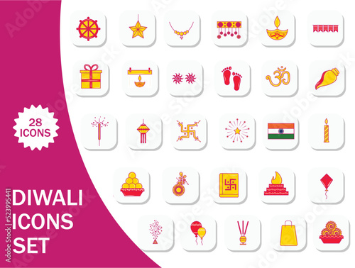Isolated Diwali-28 Icons Set Against White And Pink Background.