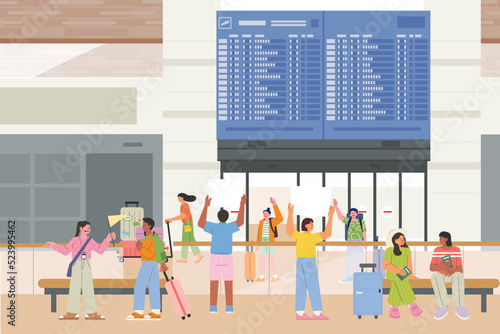 Fototapeta Naklejka Na Ścianę i Meble -  Many passengers are coming out of the airport departure hall. People waiting for friends are waving their hands. flat design style vector illustration.