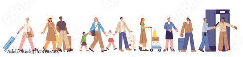 Many passengers queuing for body scan at airport security checkpoint. flat design style vector illustration.