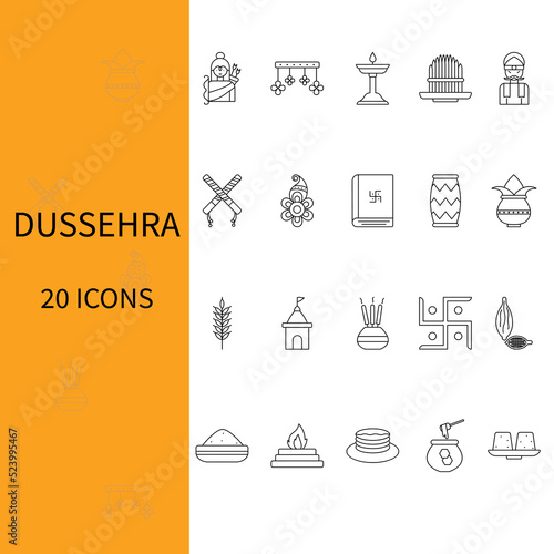 Illustration Of Dussehra Icons Set Against White And Yellow Background.
