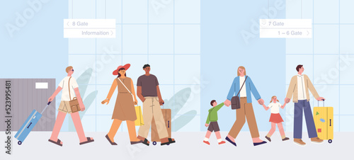 There are many passengers with suitcases at the airport. flat design style vector illustration.