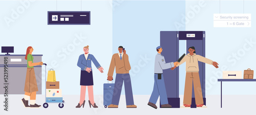 Passengers at the airport are scanning at the security checkpoint. flat design style vector illustration.