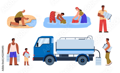 Water scarcity, people drinking water from paddle - flat vector illustration isolated on white background.
