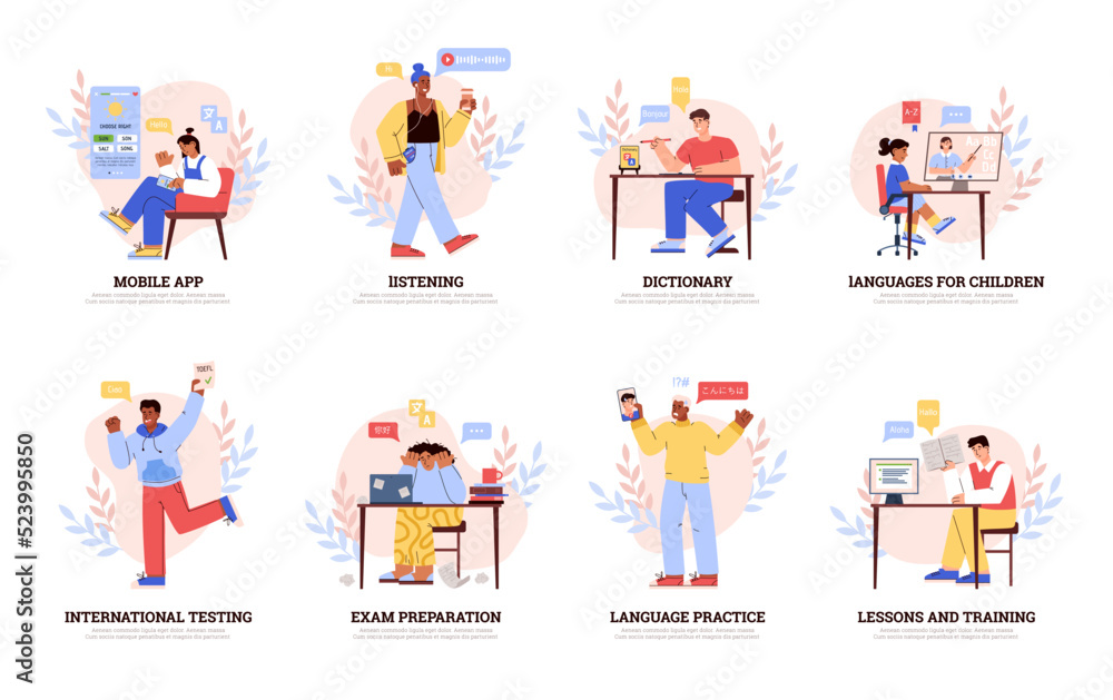 Naklejka premium Languages learning icons, people studying online, preparing for exams - flat vector illustration on white.