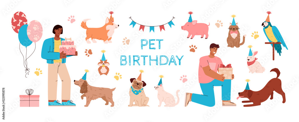 Fototapeta premium Set about pet birthday with people, gifts, decorations and cake flat style