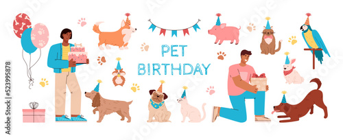 Set about pet birthday with people, gifts, decorations and cake flat style