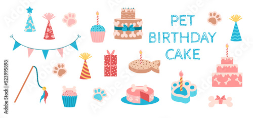 Set of decorative elements for pet birthday party flat style