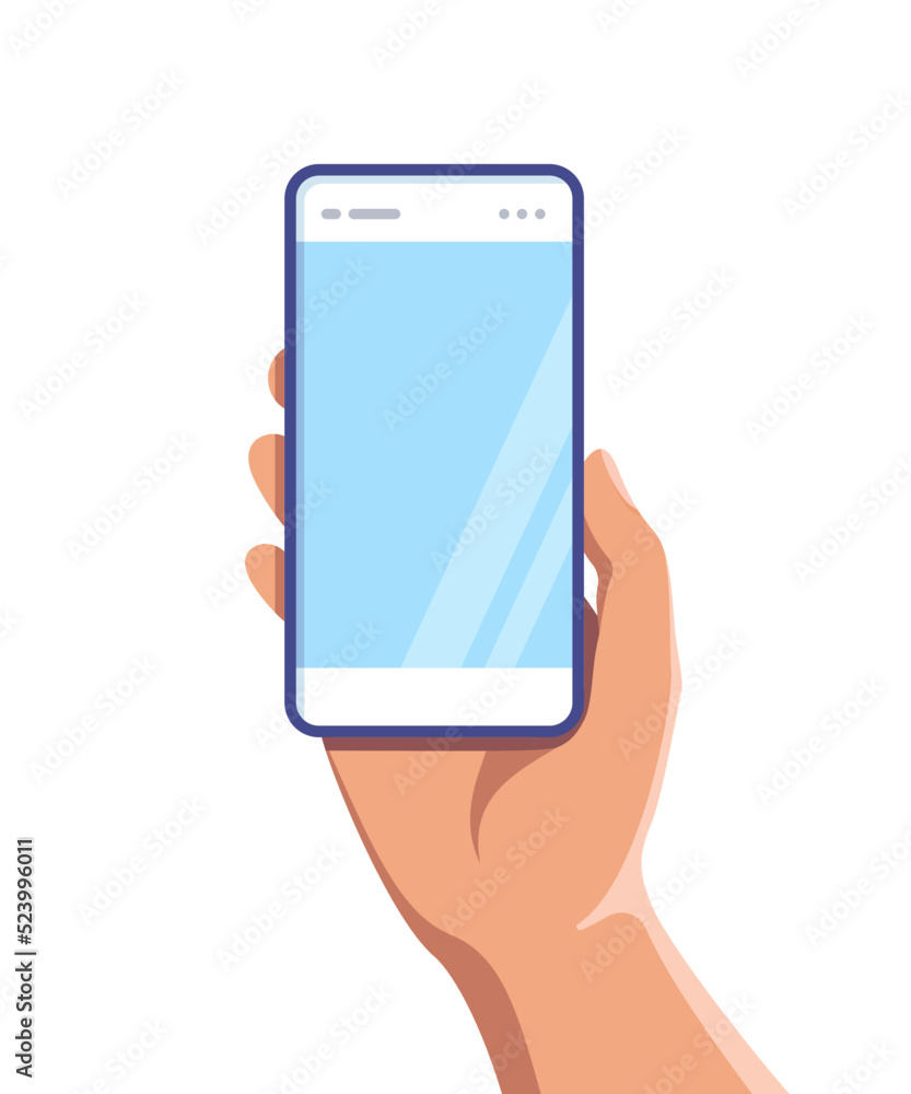 Vettoriale Stock Vector illustration. Hand holding smartphone on a white  background, woman or man holds a phone in hand with a blank screen. Using  mobile smart phone flat design concept | Adobe