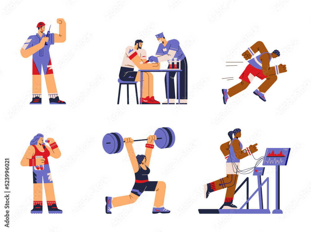 Set of sportsman characters using doping flat style