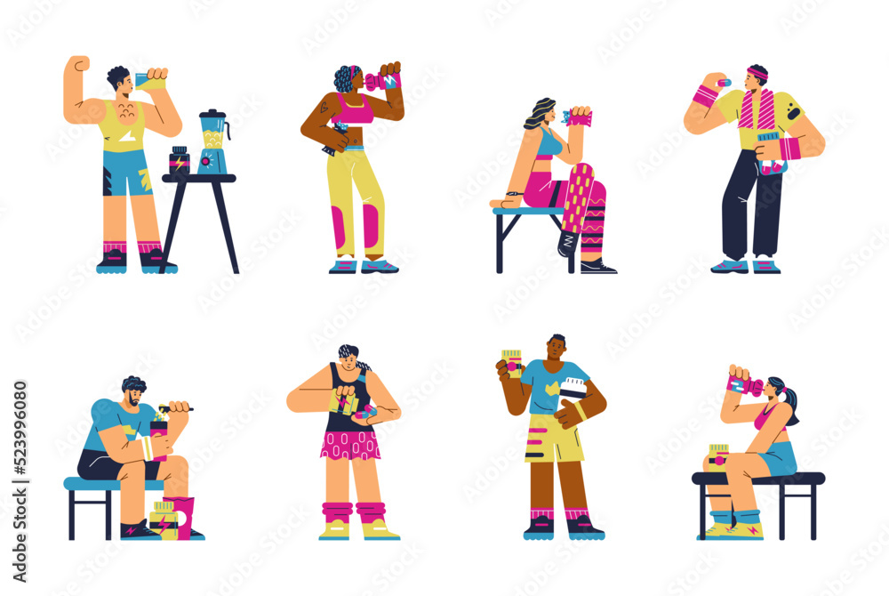 Athletes keeping fit with sports nutrition, flat vector illustration isolated.