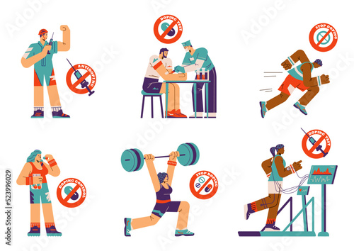 Doping control, athletic people using illegal drugs - flat vector illustration isolated on white background.