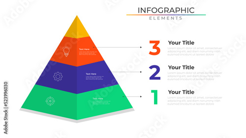 Pyramid diagram infographic elements concept design vector with icons. Business workflow network project template for presentation and report.