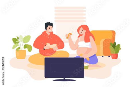 Pregnant wife and her husband sitting and watching TV. Happy couple sitting on floor at home, talking, spending time together flat vector illustration. Family, parenthood, togetherness concept