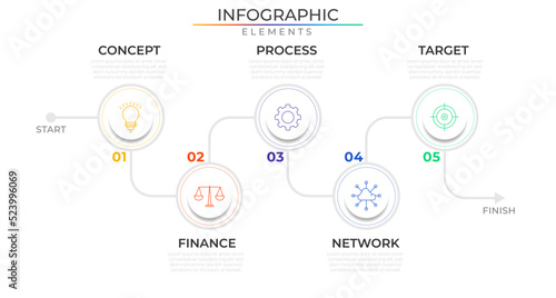 Timeline five process infographic elements concept design vector with icons. Business workflow network project template for presentation and report.