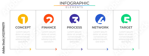 Horizontal row modern infographic elements concept design vector with icons. Business workflow network project template for presentation and report.