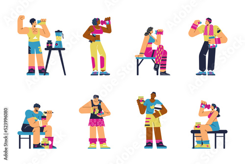 Athletes keeping fit with sports nutrition  flat vector illustration isolated.