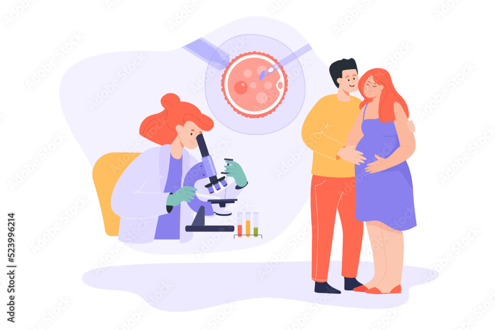 Couple after in vitro fertilization flat vector illustration. Husband hugging pregnant wife. Doctor fertilizing cell in lab. Infertility, IVF, artificial insemination, pregnancy, embryology concept Couple after in vitro fertilization flat vector illustration. Husband hugging pregnant wife. Doctor fertilizing cell in lab. Infertility, IVF, artificial insemination, pregnancy, embryology concept