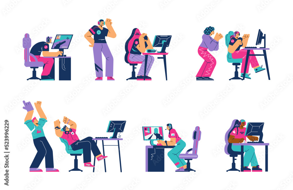 Naklejka premium Esports competition cyber sportsmen characters vector illustration isolated.