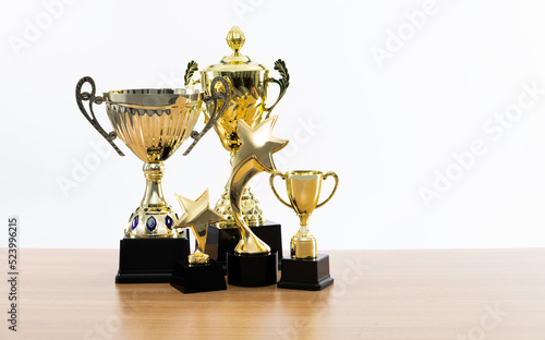 Obraz na plátně Group of trophies on wooden table