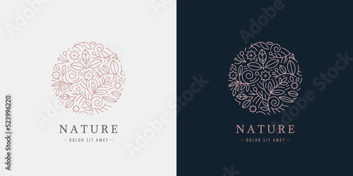 Vector linear plant logo. Circle luxury organic emblem. Abstract badge for natural products, flower shop, cosmetics, ecology concepts, health, spa, yoga center. Leaves and florals icon.