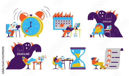 People procrastinating instead of working, set of lazy office workers - flat vector illustration on white.