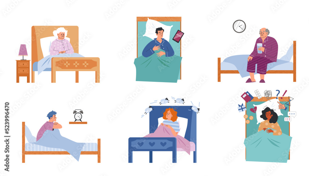 People of different ages suffering from insomnia, vector illustration isolated.