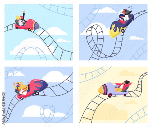 Happy and scared people riding roller coaster in amusement park, flat vector illustration.