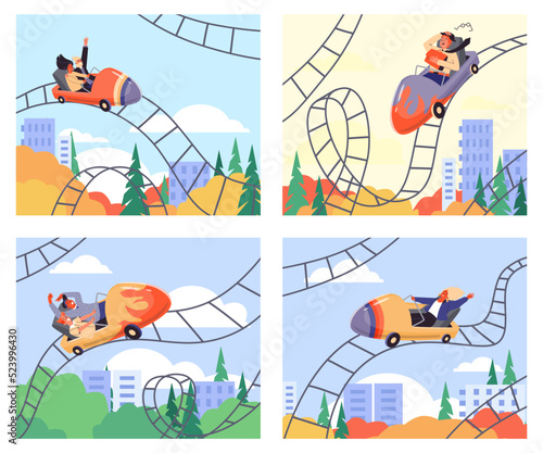 Rollercoaster rides banners or posters collection, flat vector illustration.